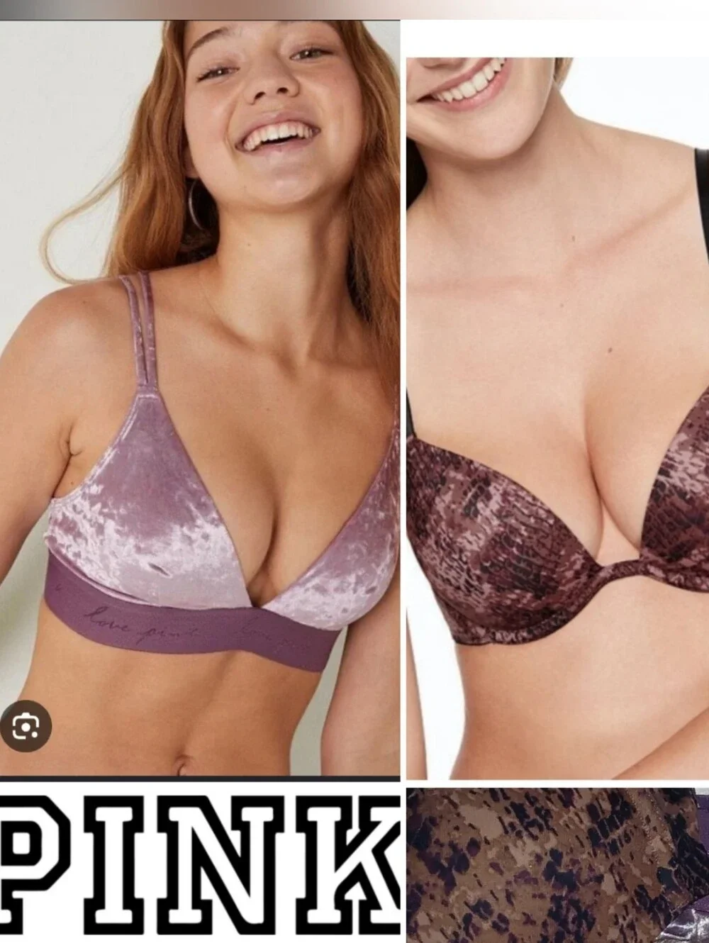 2 PINK VS Everywhere Push Up Snakeskin & Velvet Triangle Plunge Bra Plum NWT EUC